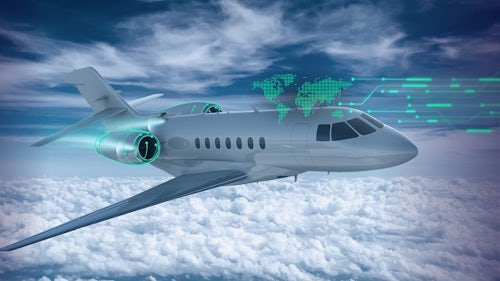 A plane over clouds, with digital overlay of the engines and a map, represents a digital twin in agile aircraft development.